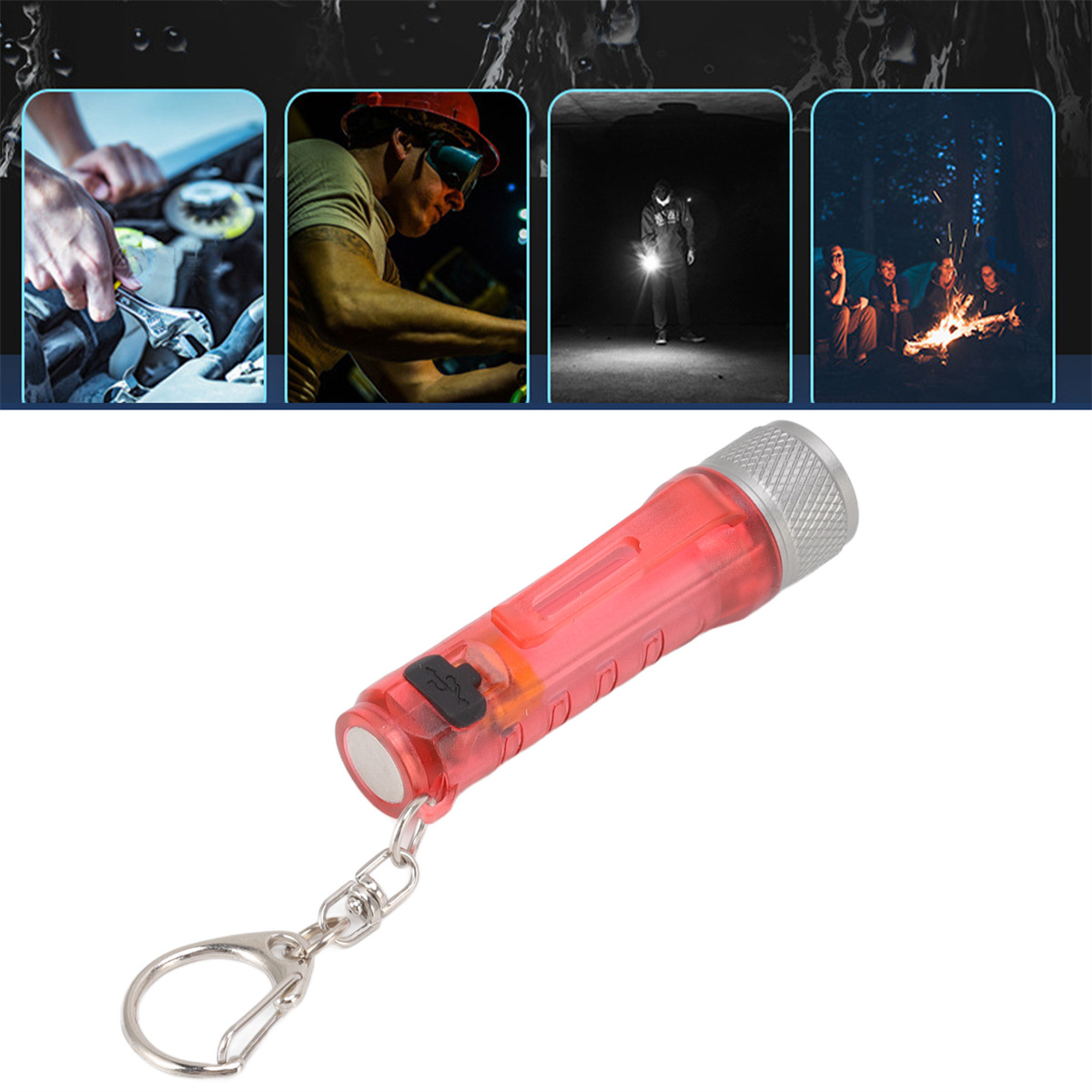 Rote Taschenlampe mit Schlüsselanhänger und vier kleinere Bilder, die Menschen zeigen.