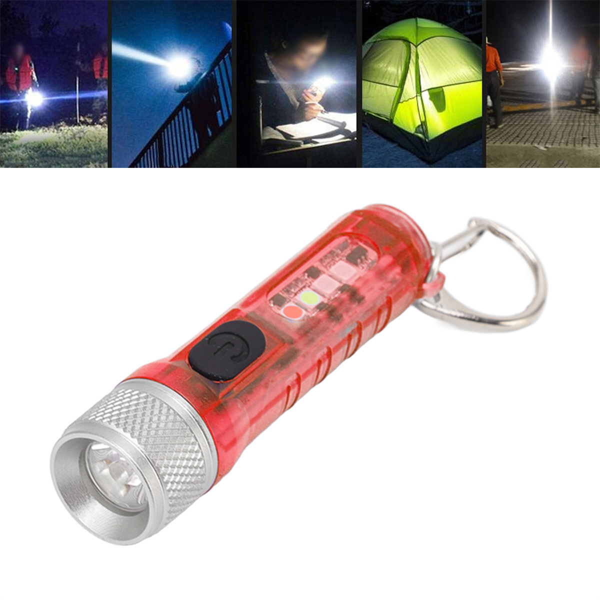 Rote Taschenlampe mit silberner Blende. Zeigt Lichtstrahlen in verschiedenen Szenen, drinnen und draußen.