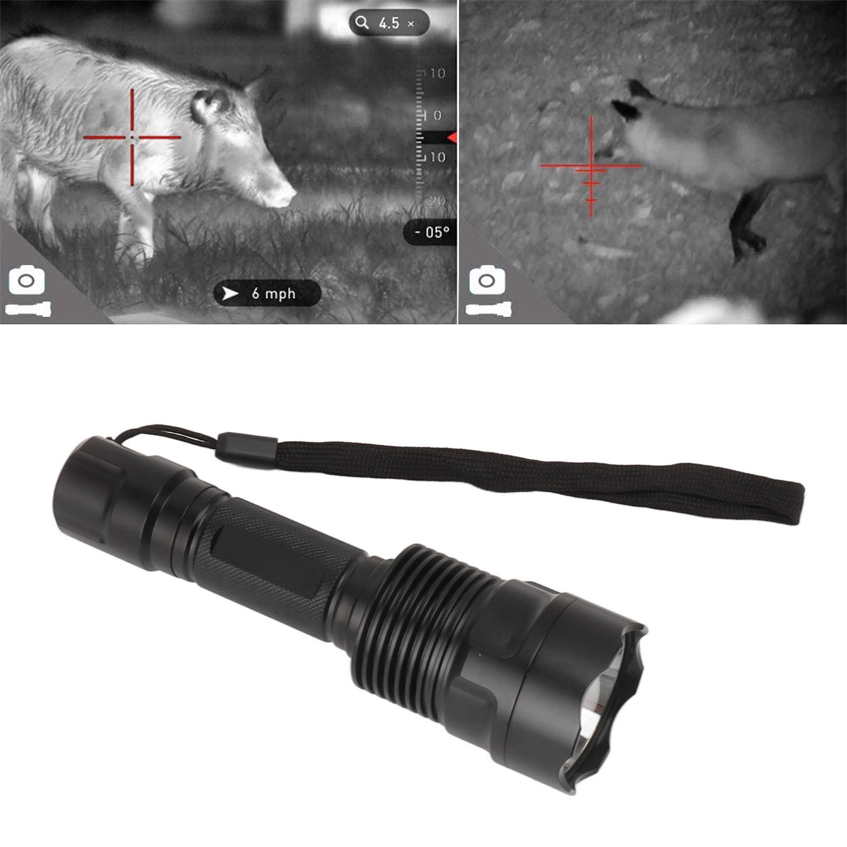 Wärmebilder von Wildschwein und Fuchs im Feld. Eine Taschenlampe ist unten. Nachtsicht.