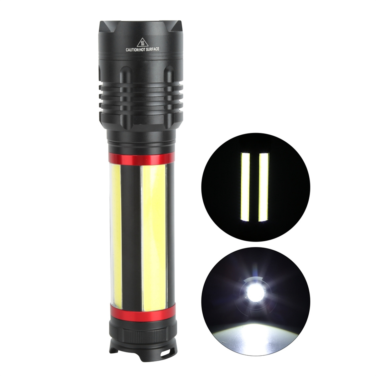 Schwarz-rote Taschenlampe mit zwei Lichtmustern. Gelbes Licht wird emittiert.