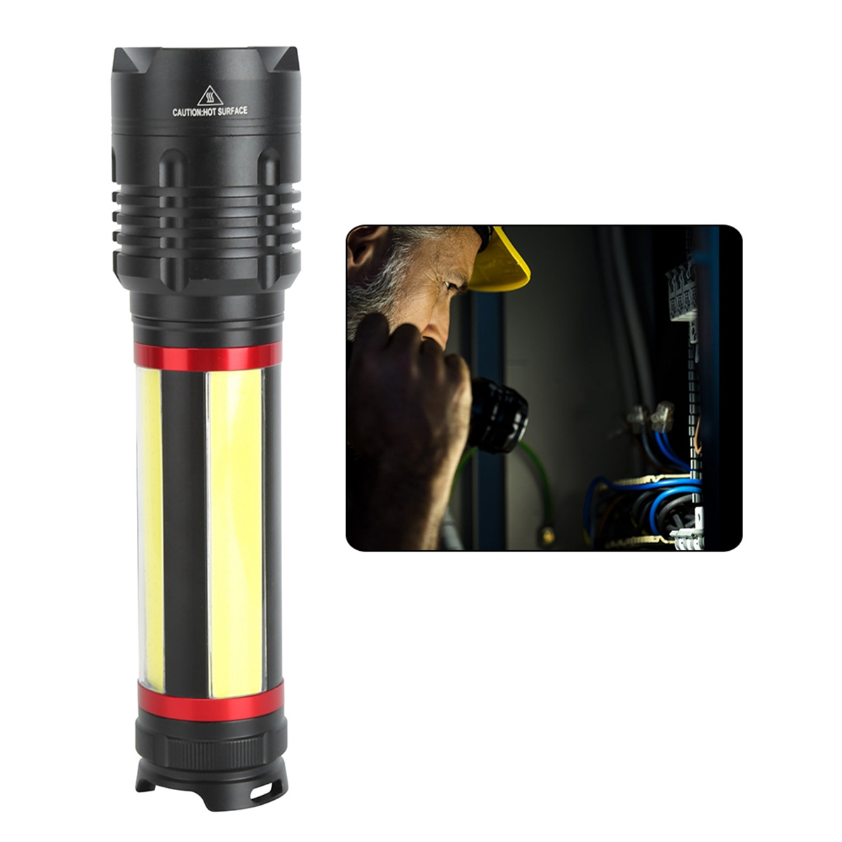 Eine schwarze und rote Taschenlampe neben einem Mann, der sie benutzt. COB-Licht und Seitenlicht.