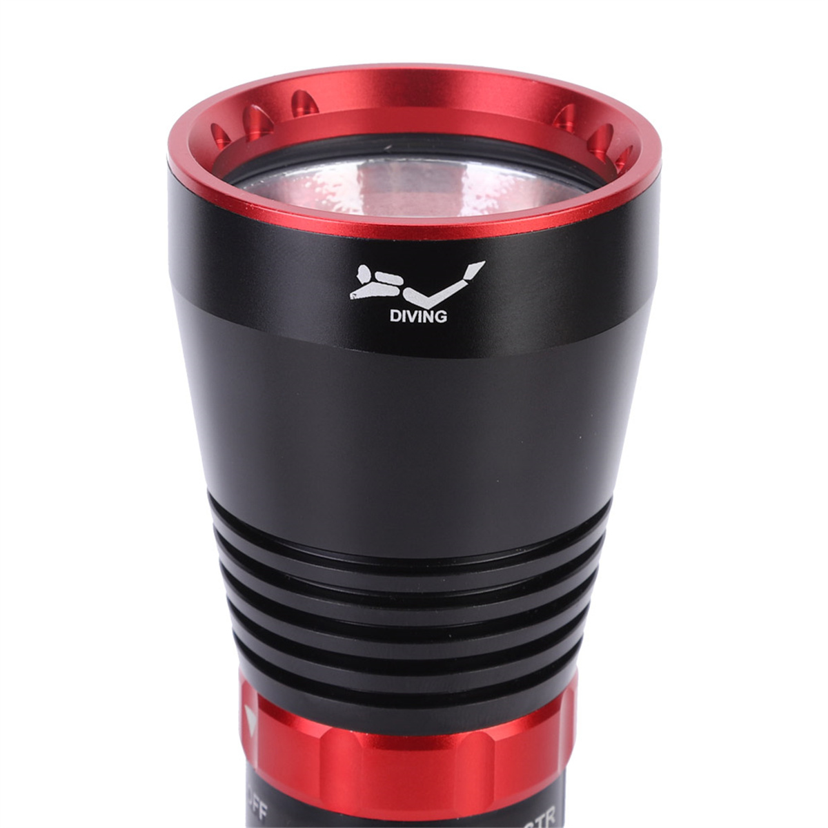 Eine schwarz-rote Tauch-Taschenlampe. Der obere Teil der Taschenlampe ist rot.