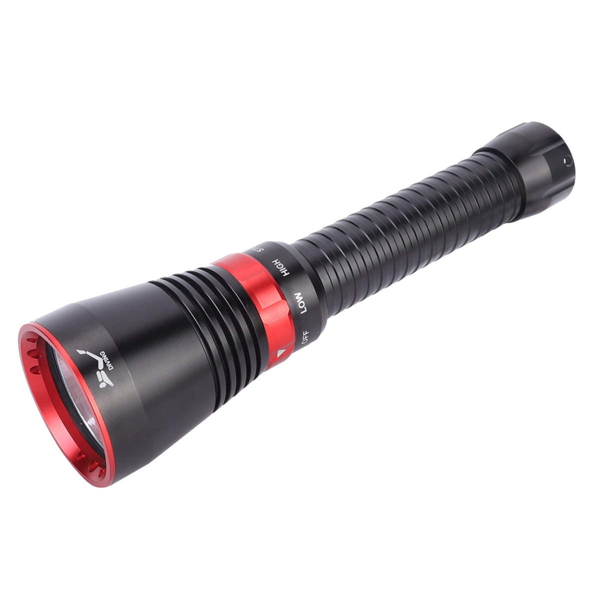 Schwarz-rote Taschenlampe. Die Taschenlampe ist zylindrisch mit strukturiertem Griff und roter Blende.