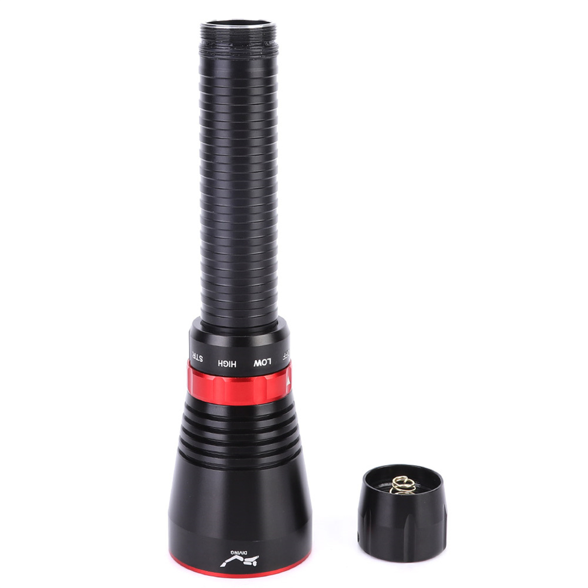 Schwarze und rote Taschenlampe zerlegt. Die Teile umfassen das Licht und das Batteriefach.