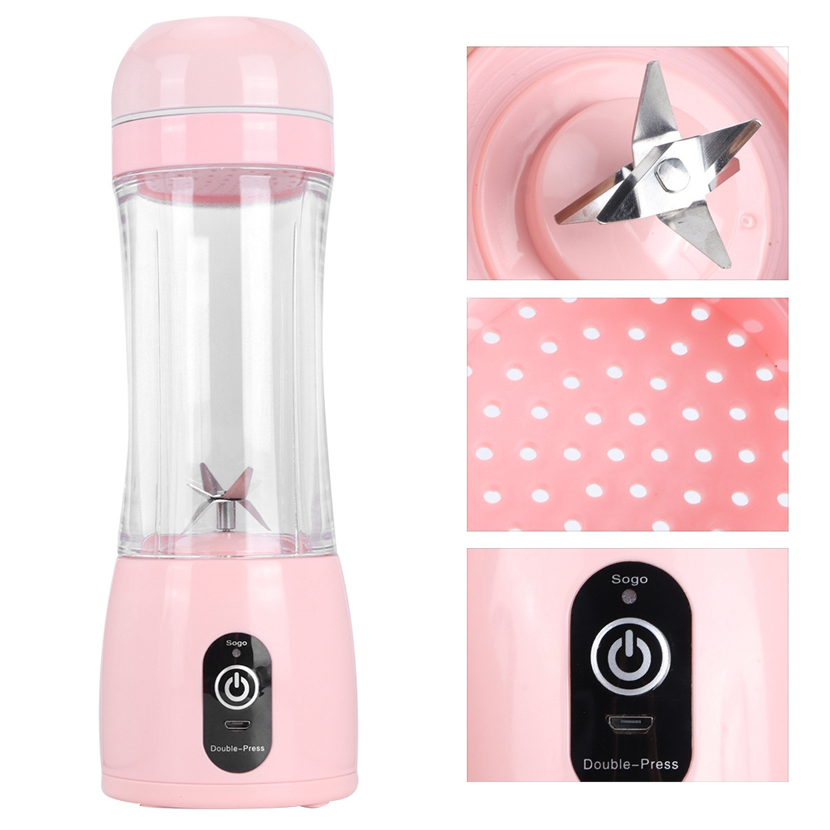 Ein rosa Mixer mit transparentem Becher, Klinge und Knopf.