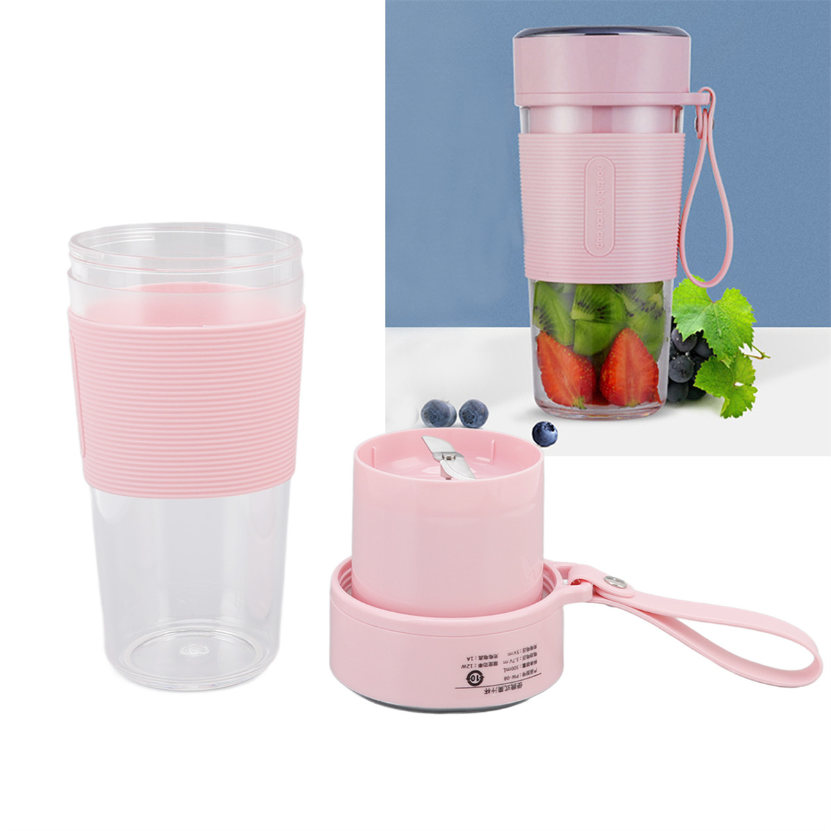 Ein rosa Mixer und ein durchsichtiger Becher. Der Mixer enthält Kiwi, Erdbeeren und Trauben.