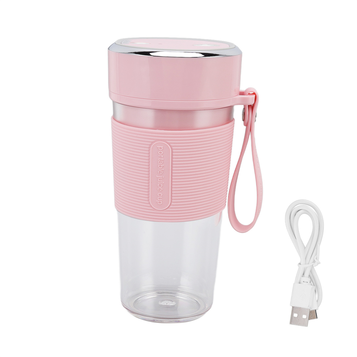 Rosa tragbarer Saftbecher mit weißem USB-Kabel. Griff an der Seite.