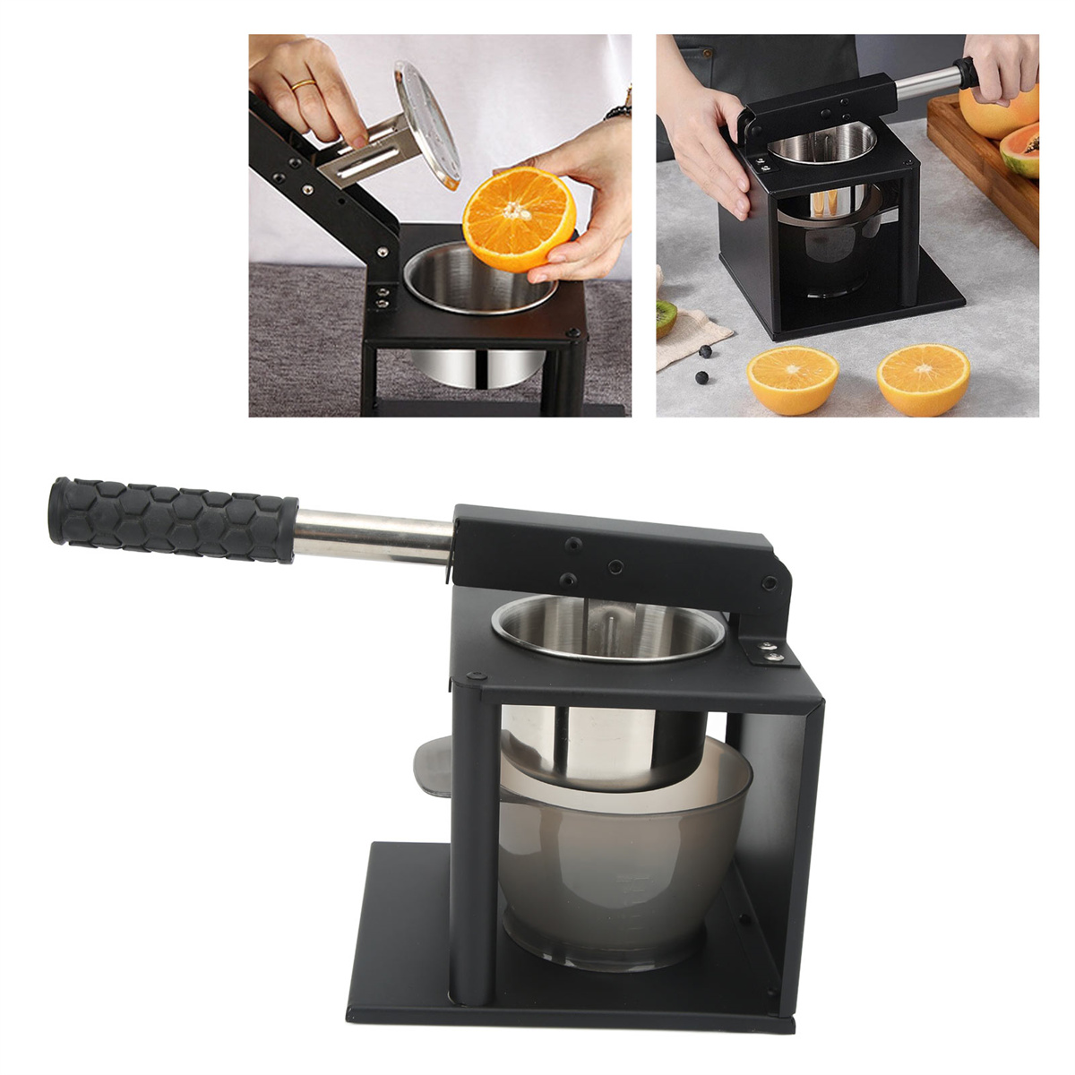 Schwarze manuelle Orangensaftpresse. Draufsicht auf das Entsaften und eine ganze Orange.
