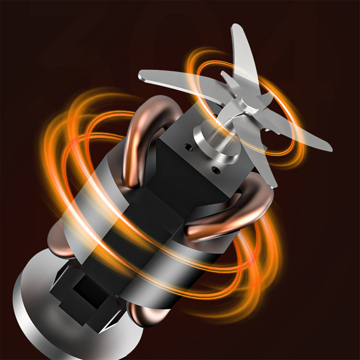 Ein offener Blendermotor mit einer Klinge. Die Klinge ist silberfarben, der Motor ist schwarz und braun, es gibt orange Ringe.