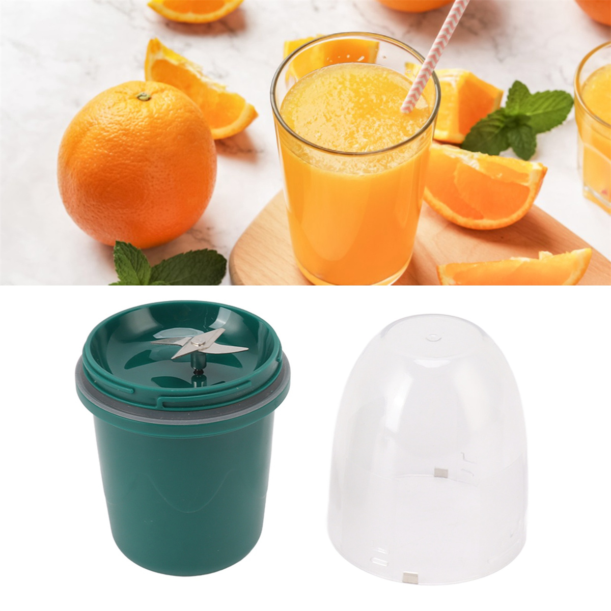Orangenscheiben, Saft im Glas mit Strohhalm und ein Mixer mit Teilen zur Zubereitung des Saftes.
