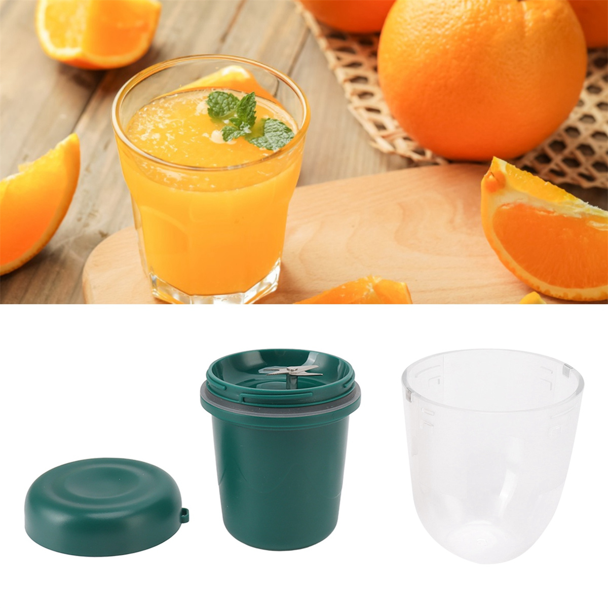 Orangensaft im Glas und Mixer-Teile: Deckel, Basis und Becher.