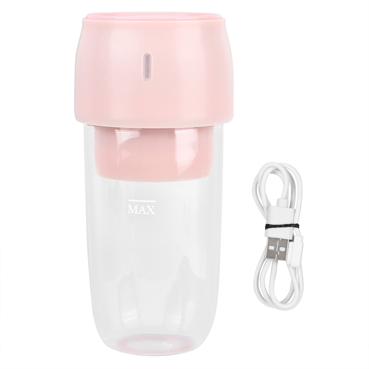Rosa und klare Wasserflasche mit weißem USB-Kabel auf weißem Hintergrund.