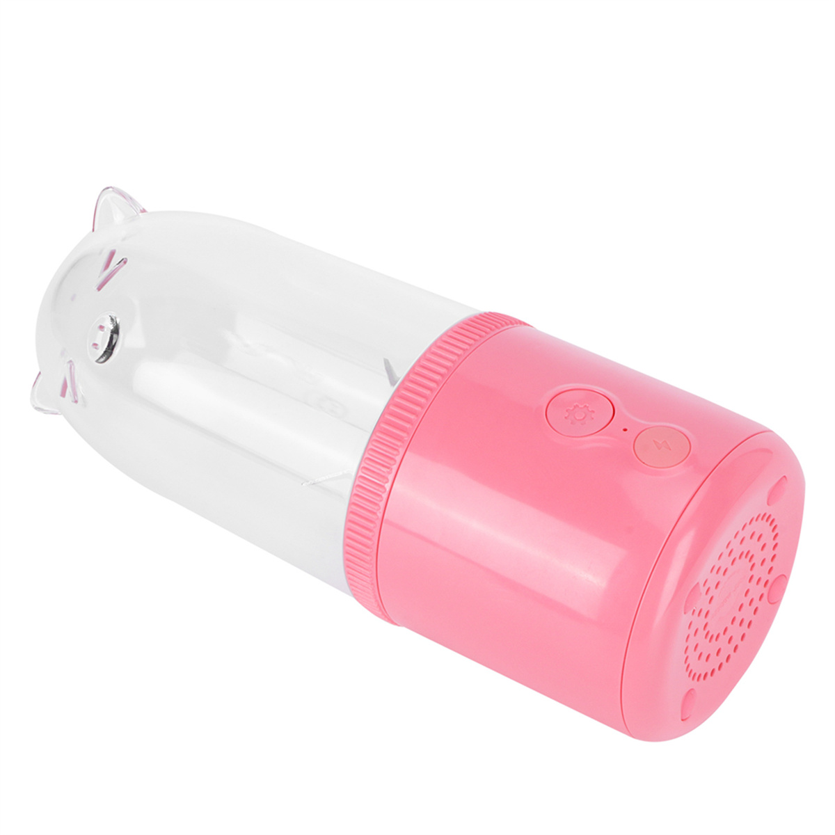 Rosa Mixer mit Katzengesicht-Design. Der Mixer liegt auf der Seite.