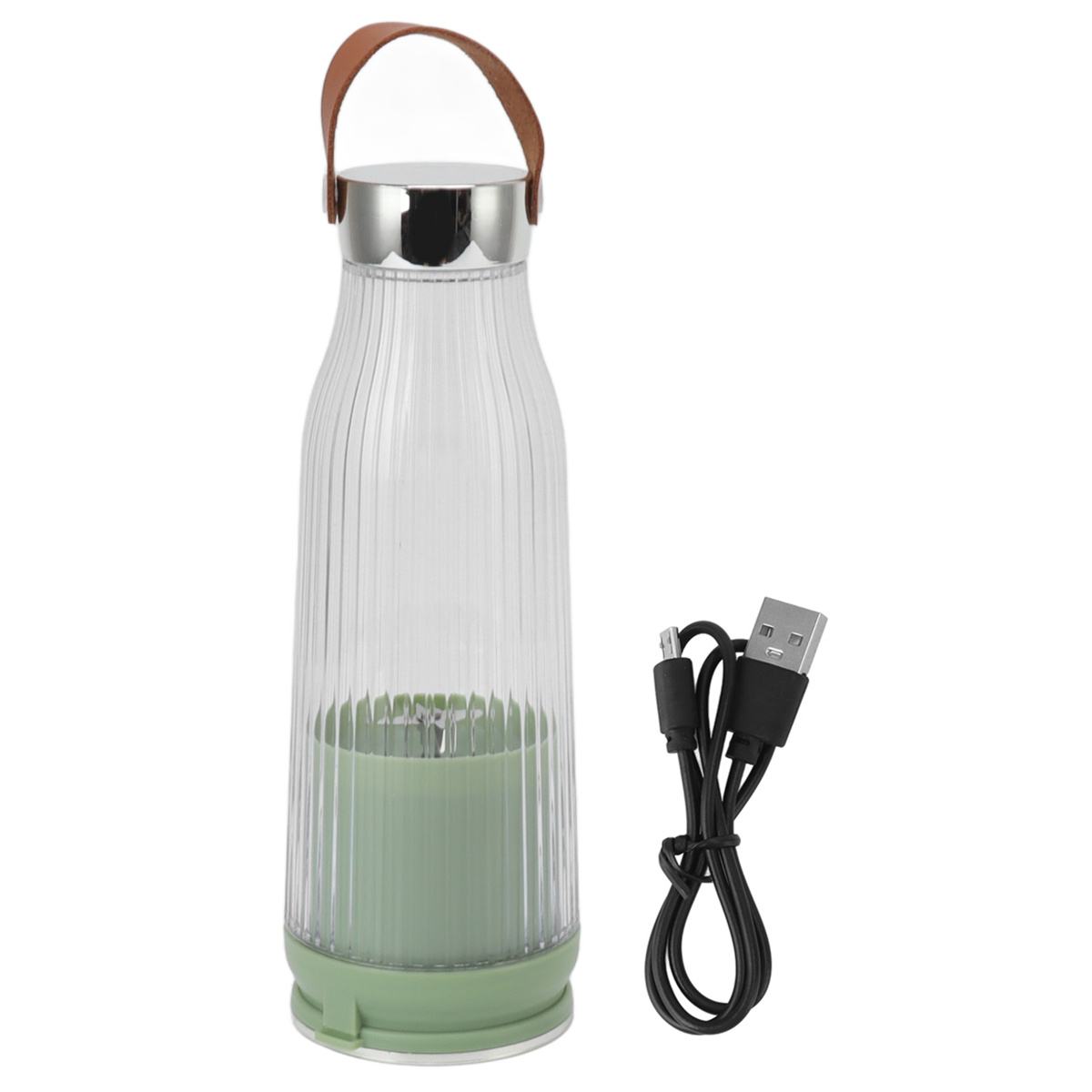 Transparente Mixflasche mit grünem Boden, Griff und USB-Kabel.