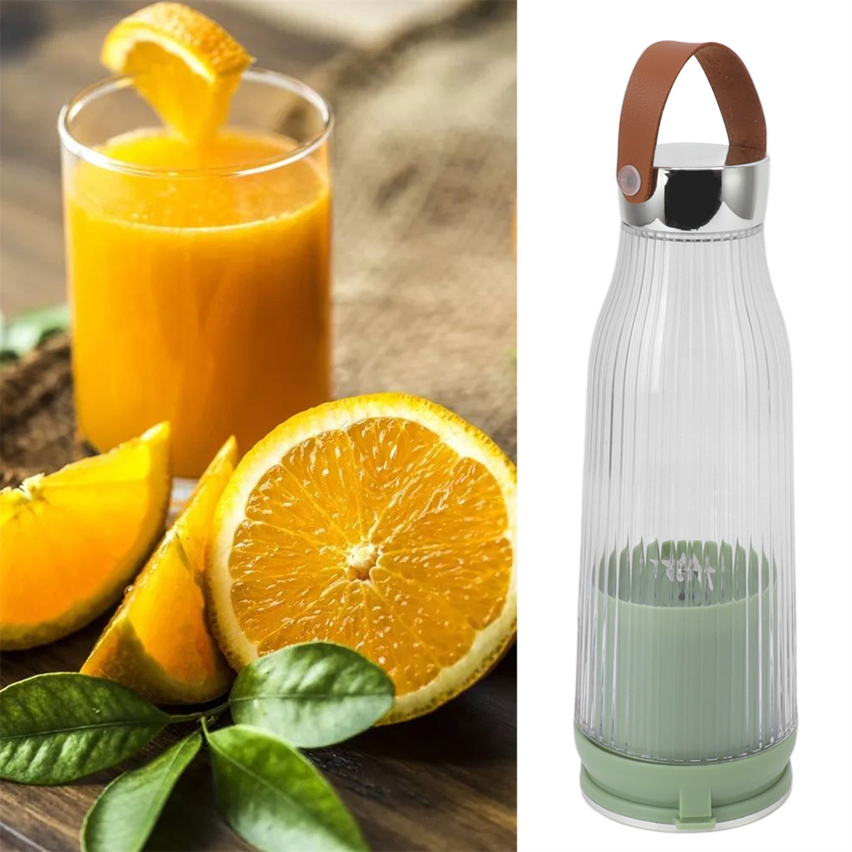 Ein Glas Orangensaft mit Orangenscheiben. Ein tragbarer Mixer mit braunem Griff.