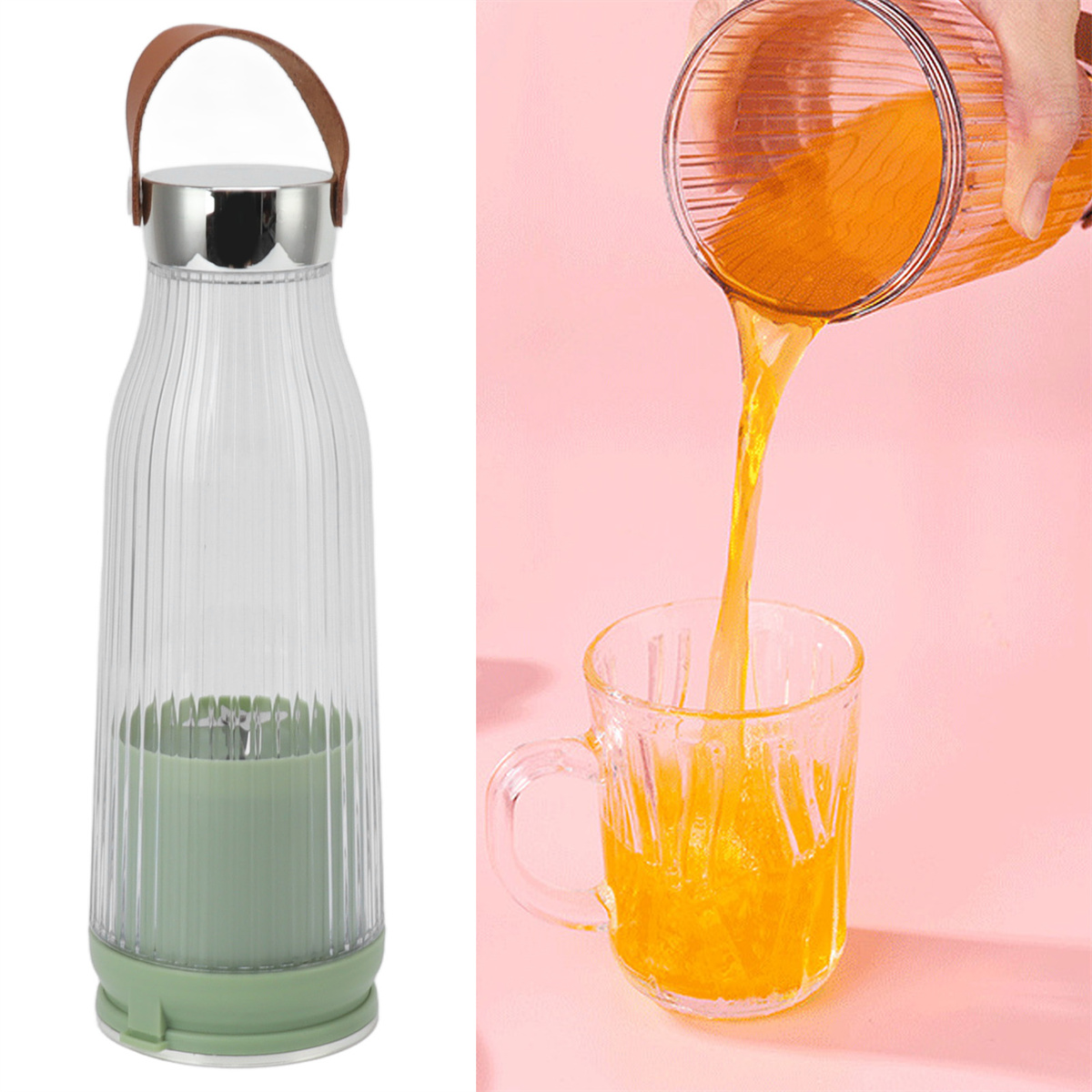 Eine klare Flasche mit grünem Boden. Eine Person gießt Orangensaft in ein klares Glas.
