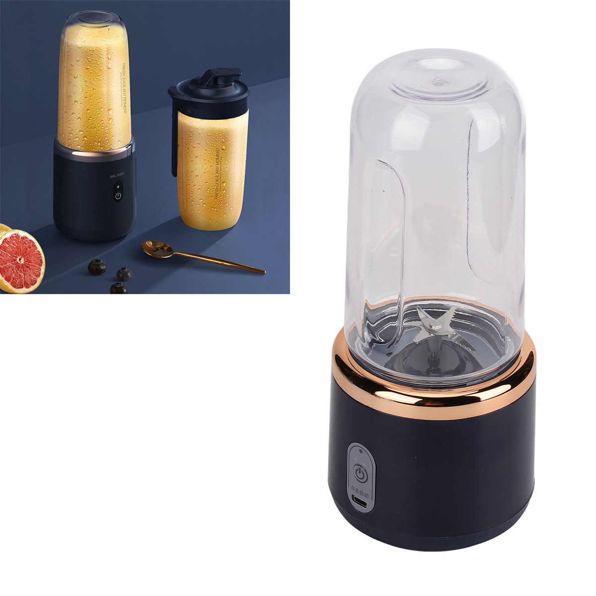 Zwei Mixer, einer mit Getränk, der andere zerlegt, mit Löffel und Grapefruit.