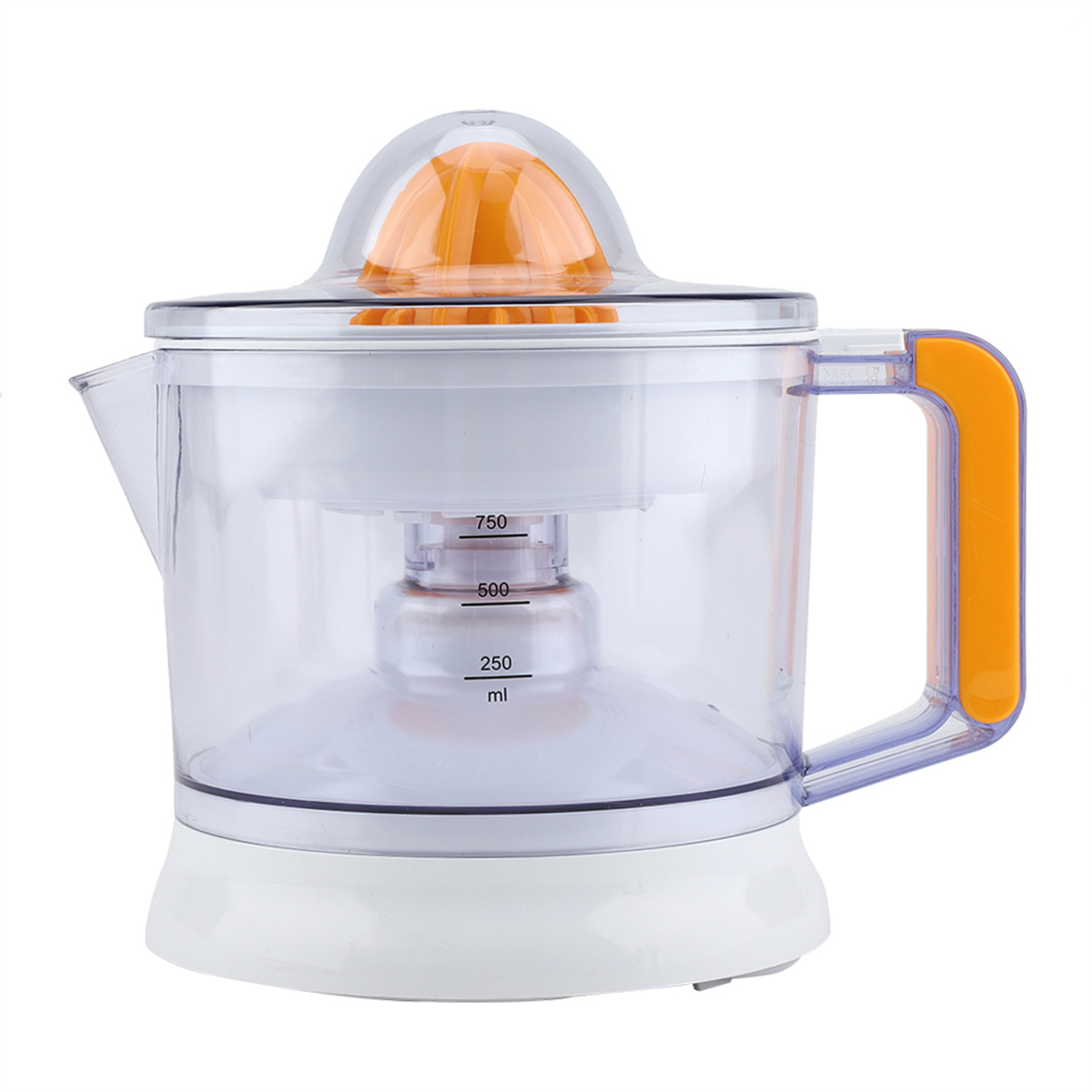 Transparenter elektrischer Entsafter mit orangem Oberteil und Griff, weißer Basis, Messlinien.