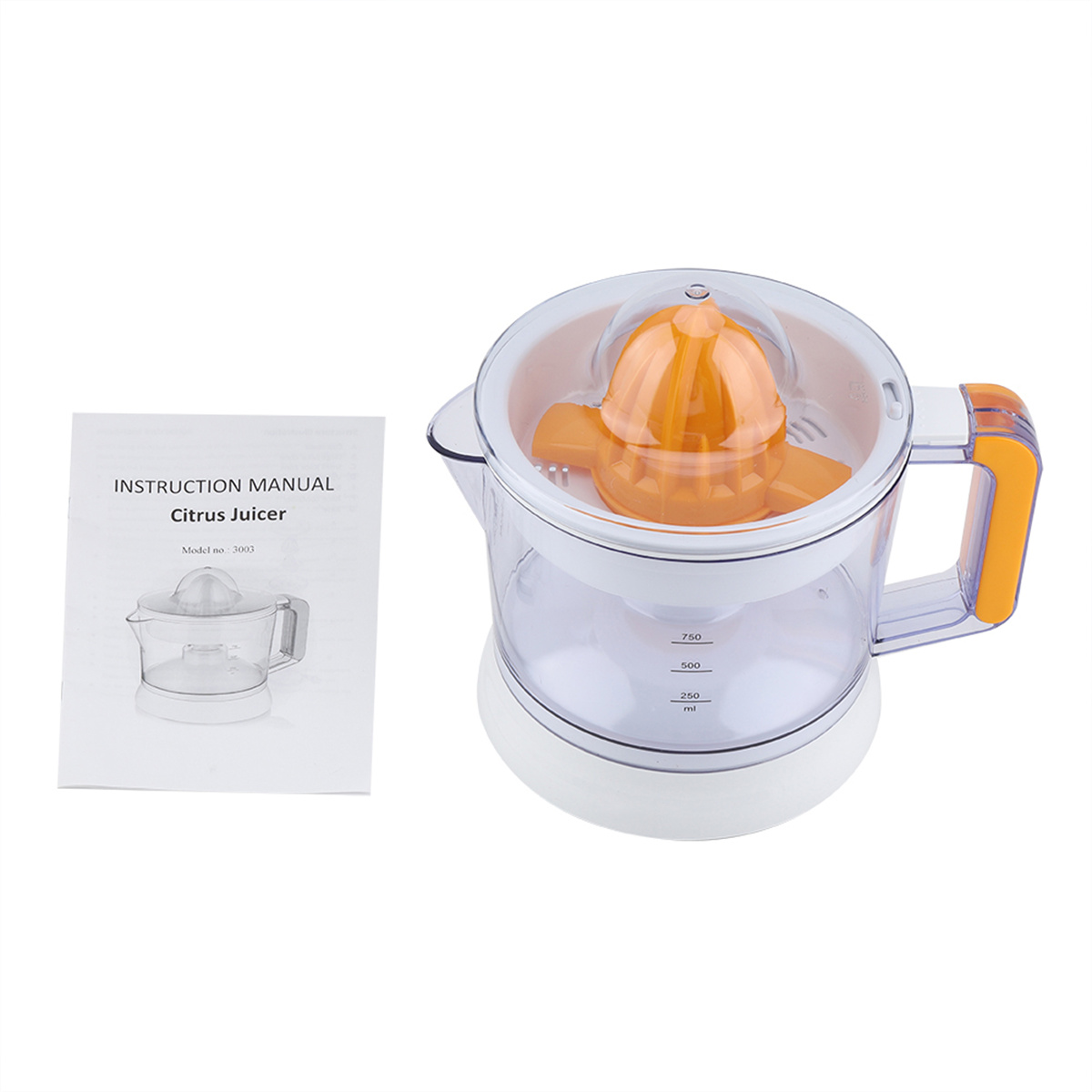 Zitruspresse mit Anleitung. Weißer Sockel, orangefarbener Reibkopf. Bedienungsanleitung links.