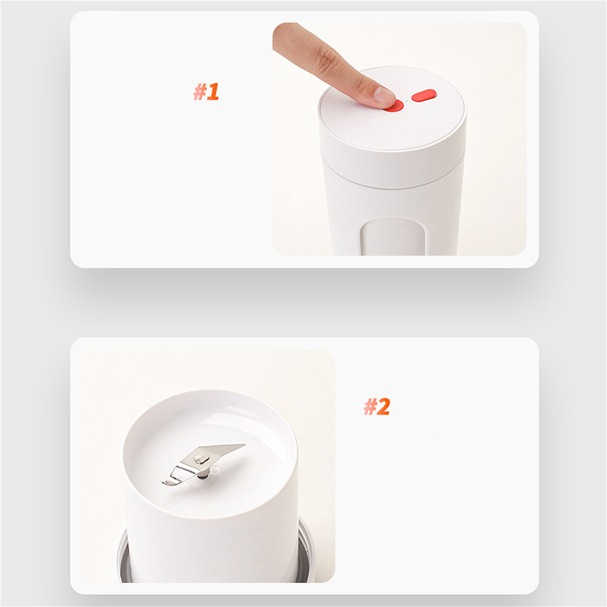 Ein weißer Mixer, bei dem zwei Knöpfe mit einem Finger gedrückt werden. Die Klinge wird ebenfalls gezeigt.