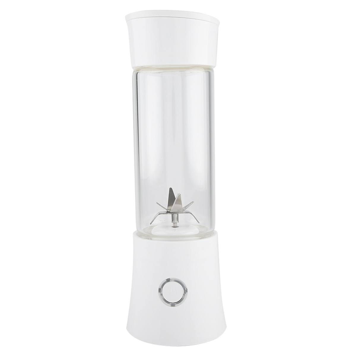 Weißer tragbarer Mixer mit einem durchsichtigen Glasbehälter, Klinge innen und einer einzigen Taste.