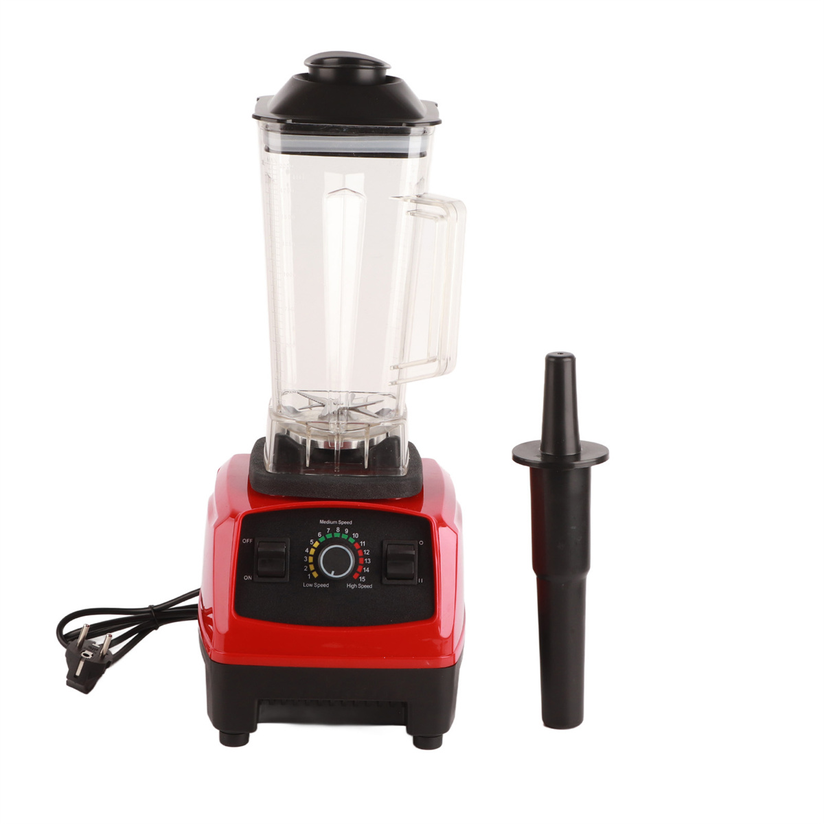 Roter und weißer Mixer mit schwarzem Deckel. Ein schwarzer Stopfer befindet sich neben dem Mixer.