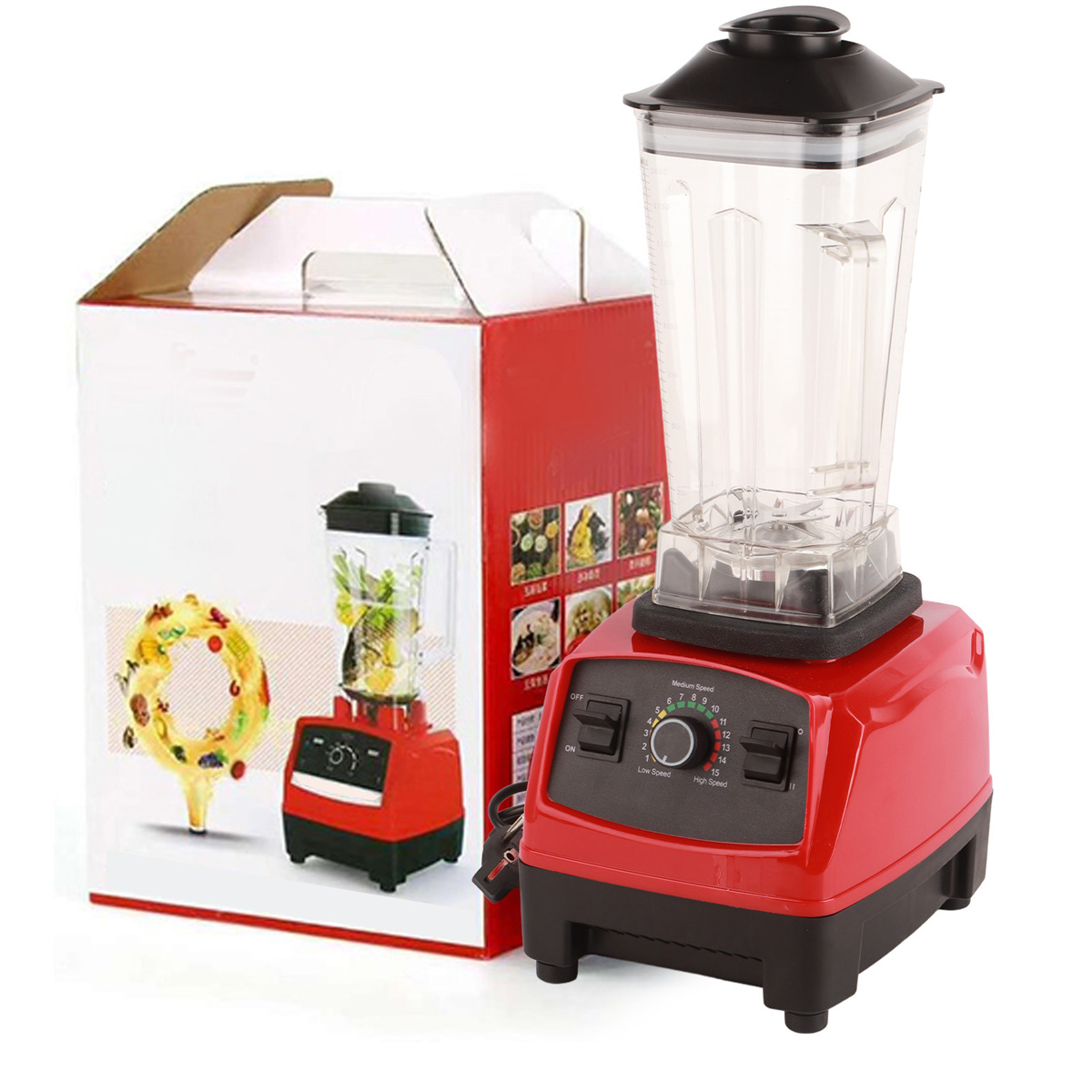 Roter Mixer mit Box, die Zutaten und Mixer zeigt. Rote Basis und transparenter Behälter.