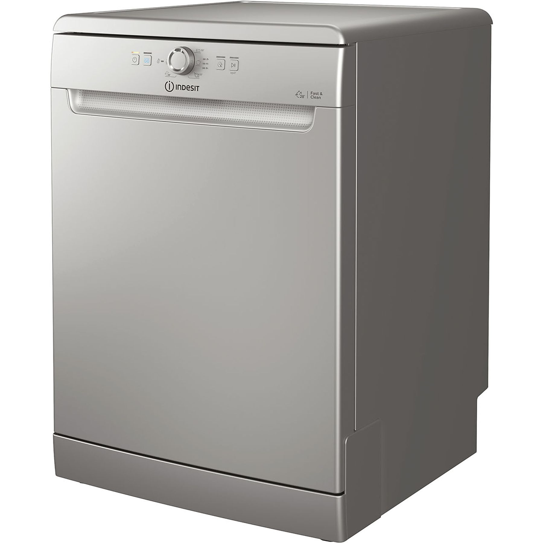 Una lavastoviglie Indesit argentata, vista angolata, con pulsanti e comandi in alto.