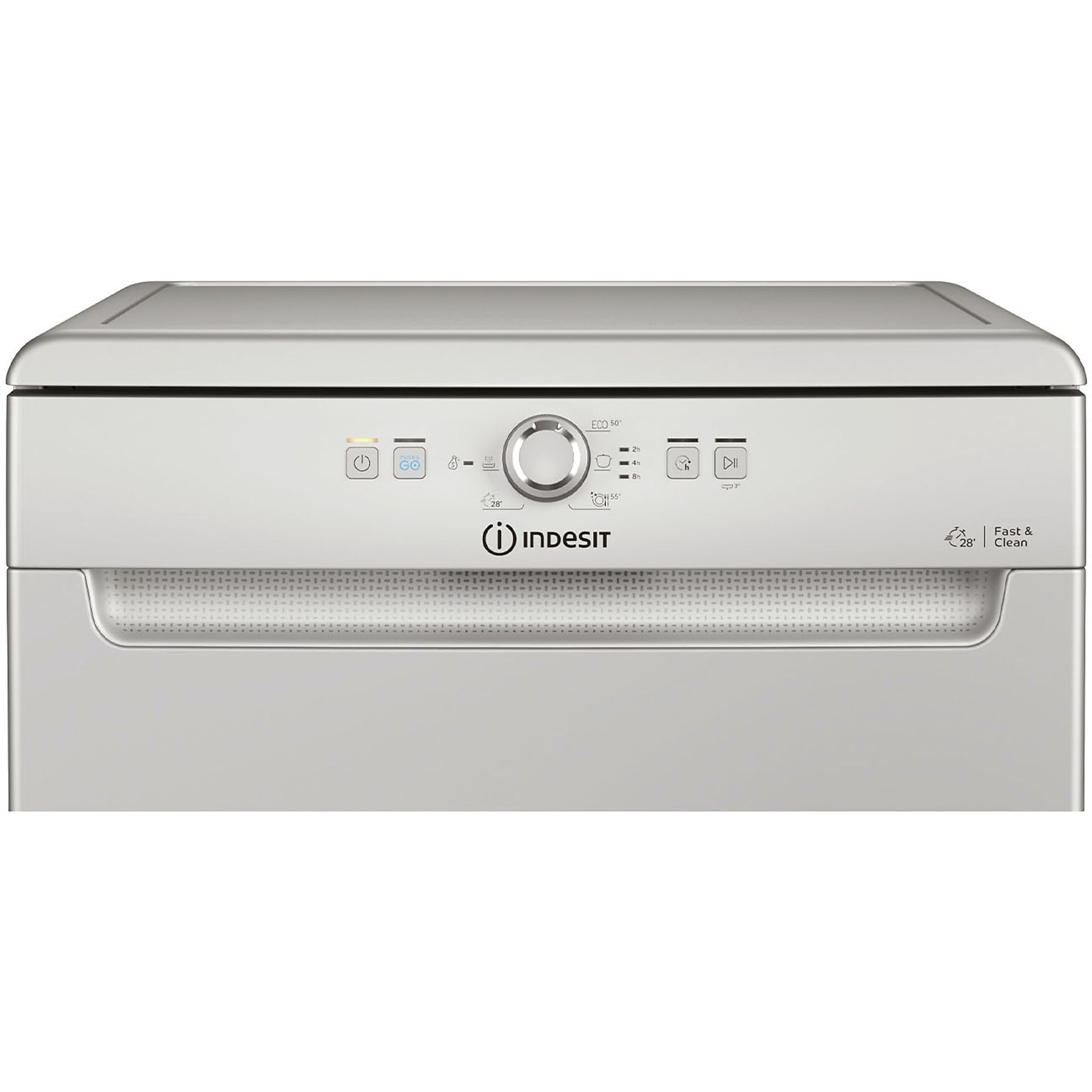 Lavastoviglie Indesit argentata con pulsanti di controllo. Segno Fast & Clean.