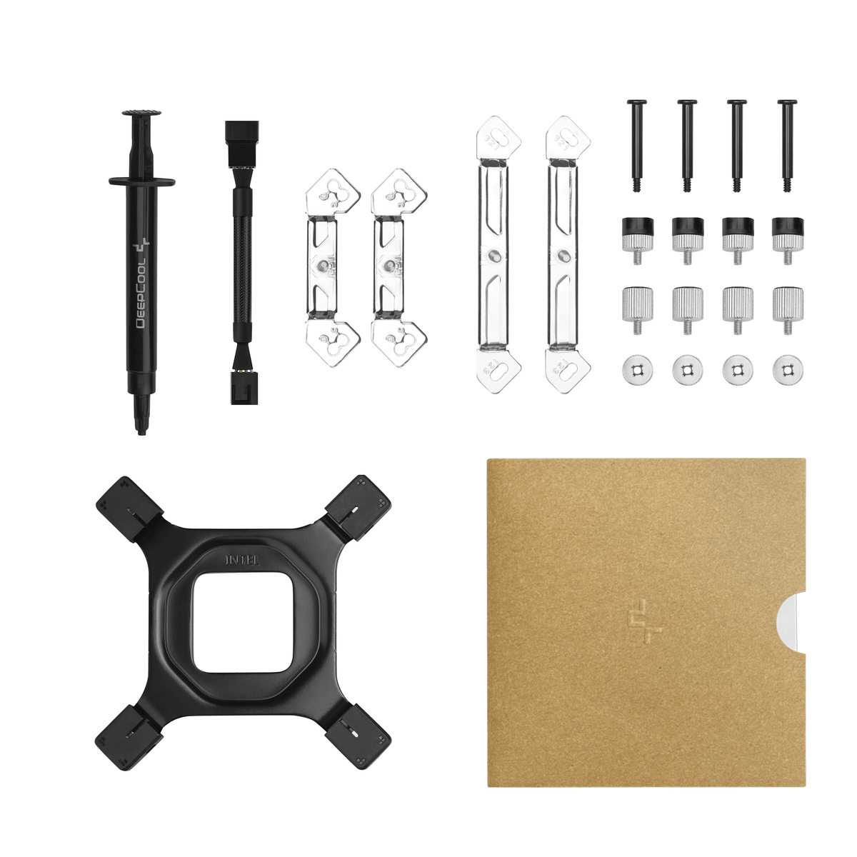 Elementy komputera: pasta termoprzewodząca, wsporniki montażowe i śruby.