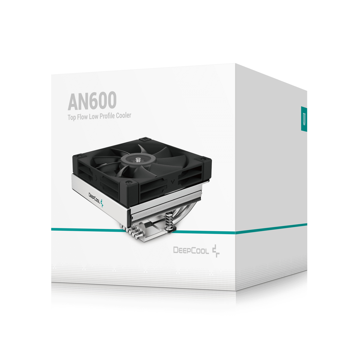 Białe pudełko z czarno-srebrnym chłodzeniem do komputera w środku. Widoczna jest nazwa marki.