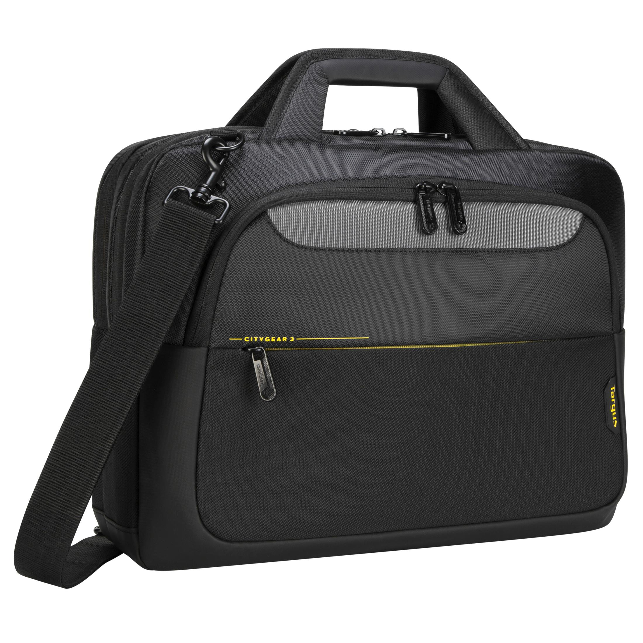 Borsa per laptop Targus CityGear 3 nera e grigia con tracolla e maniglia.