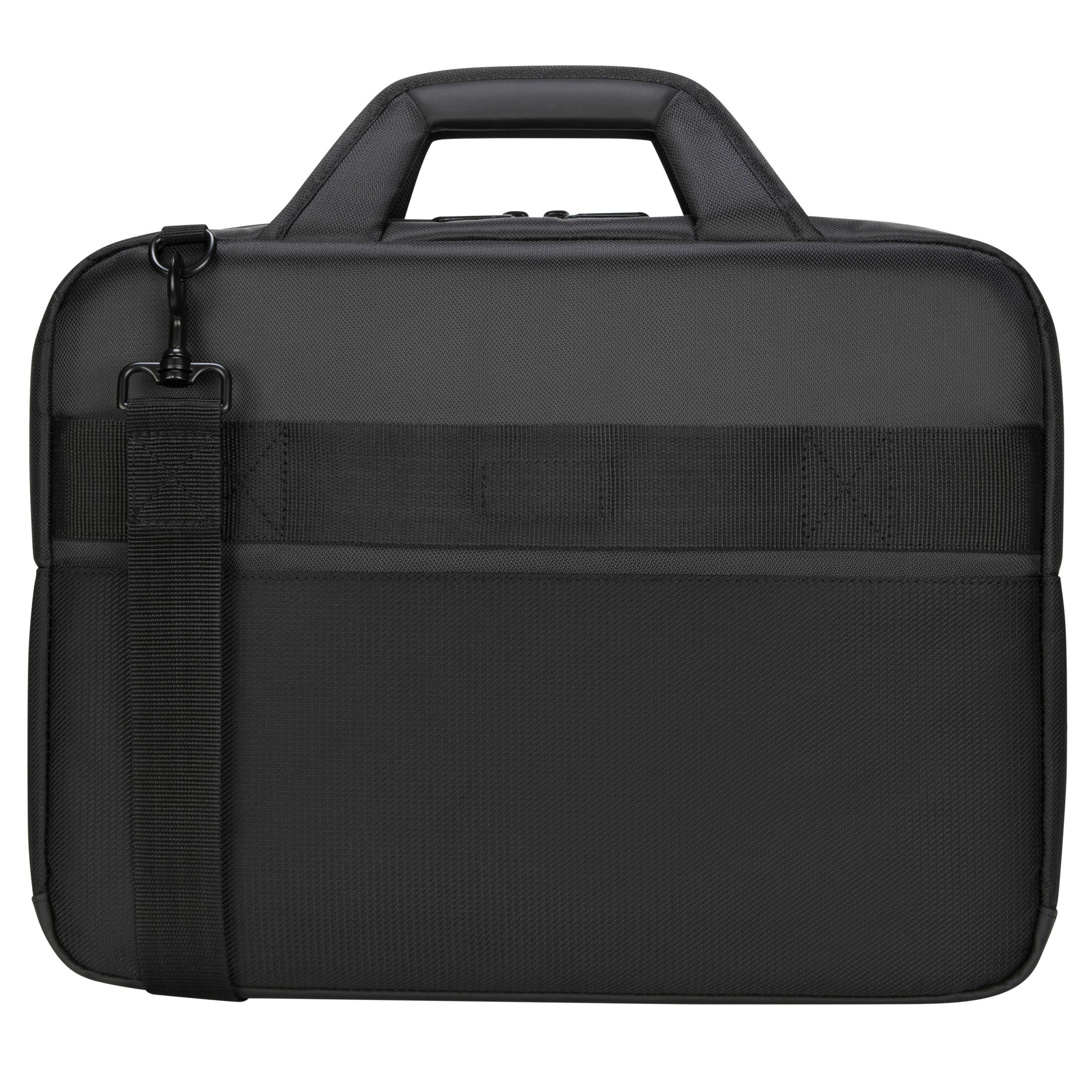 Una borsa per laptop nera con manico, tracolla e sfondo nero.