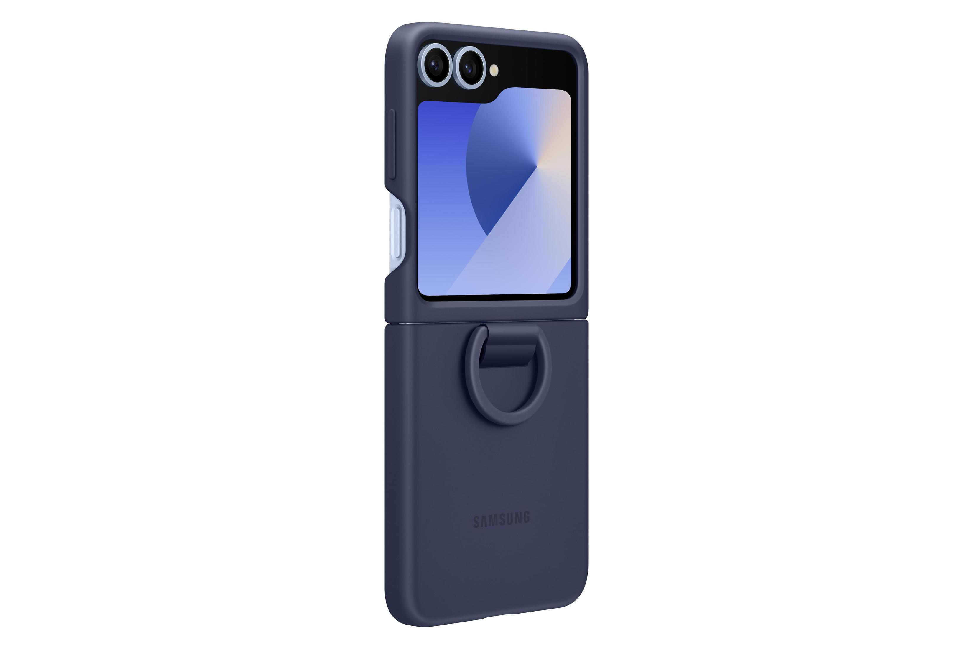 Marineblaue Samsung Galaxy Z Flip Handyhülle mit Ring, halb geöffnet.