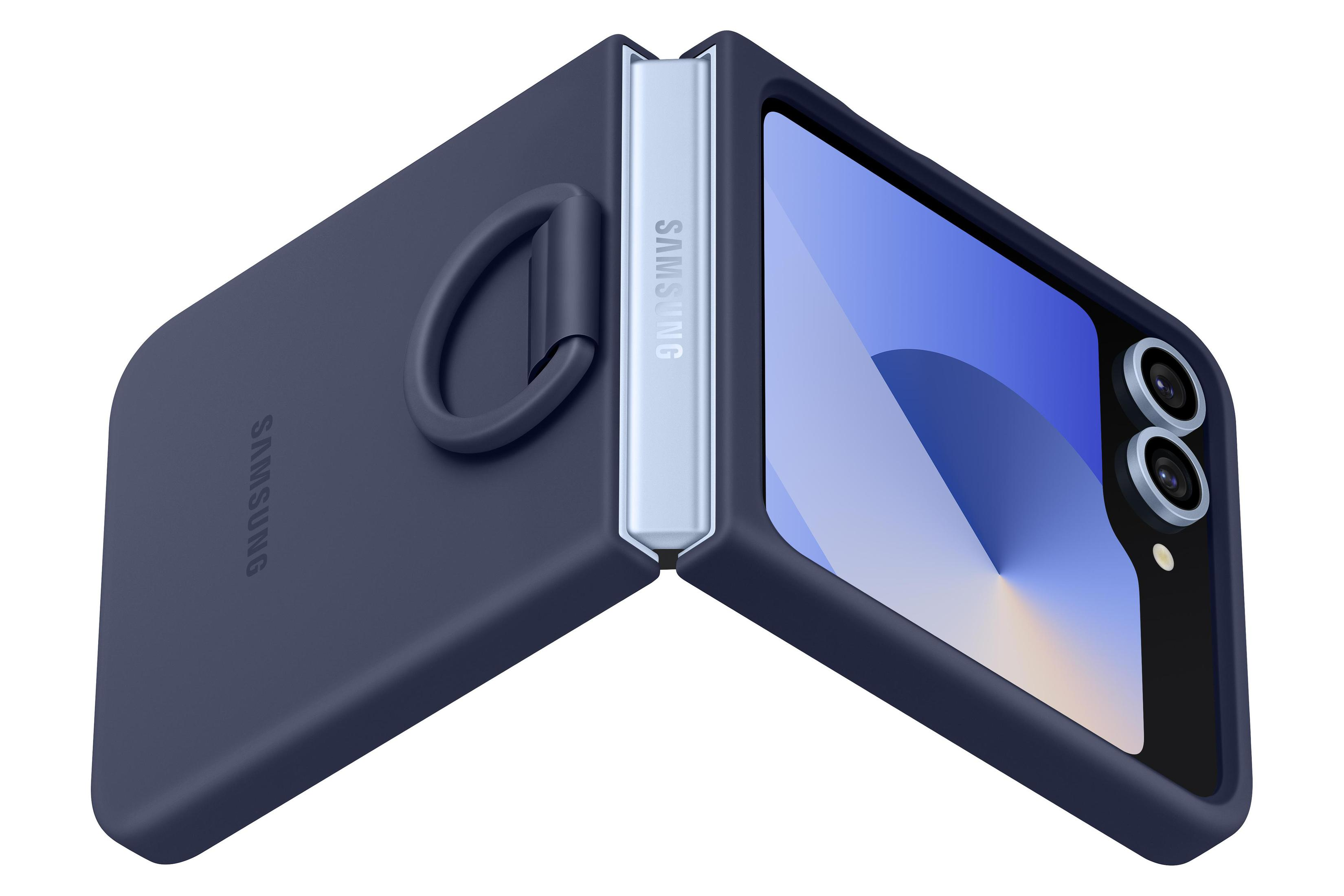 Blaues Samsung Klapphandy, geöffnet. Blaue Hülle mit silbernem Scharnier.