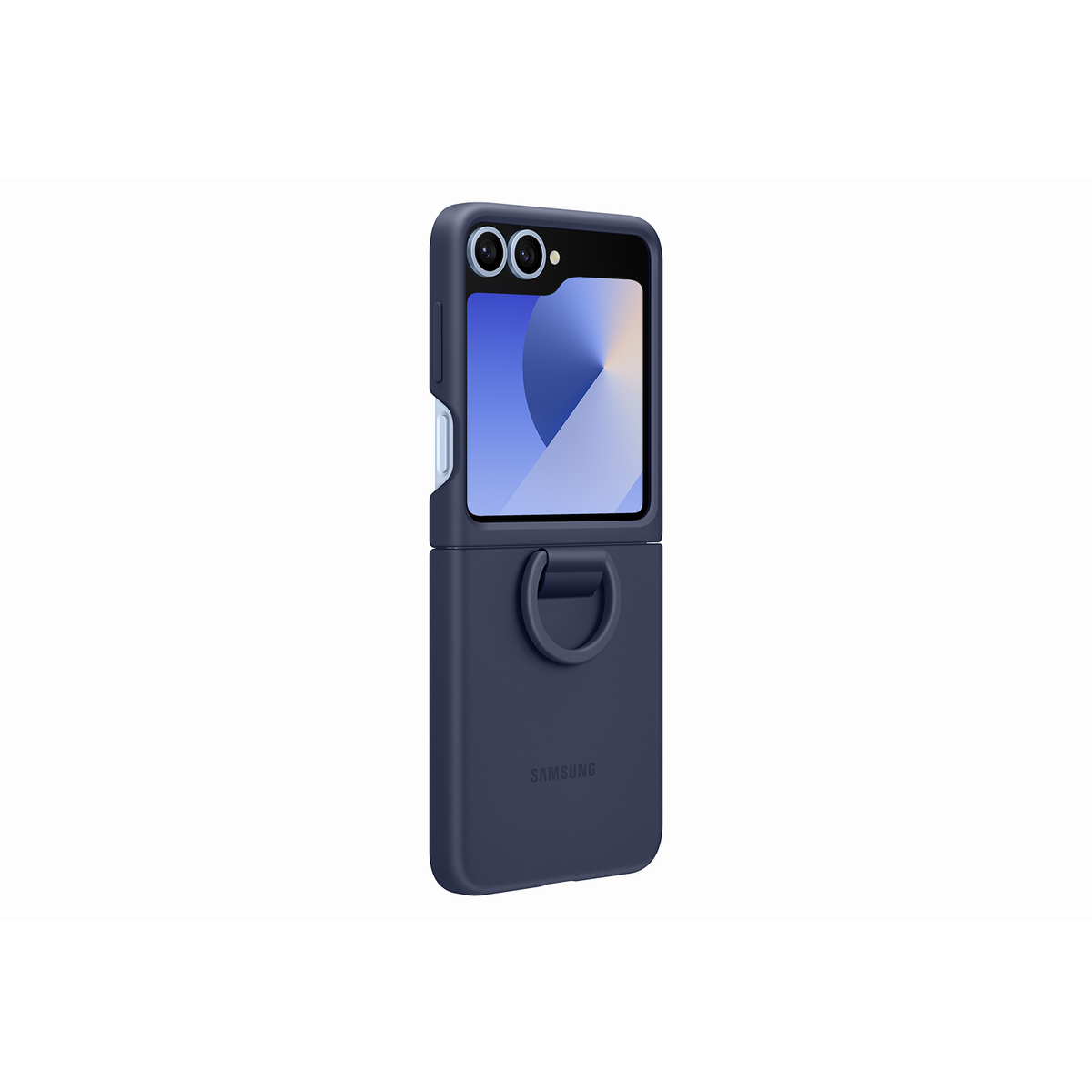 Eine blaue Handyhülle mit Klappdesign, offenem Bildschirm und Griff.