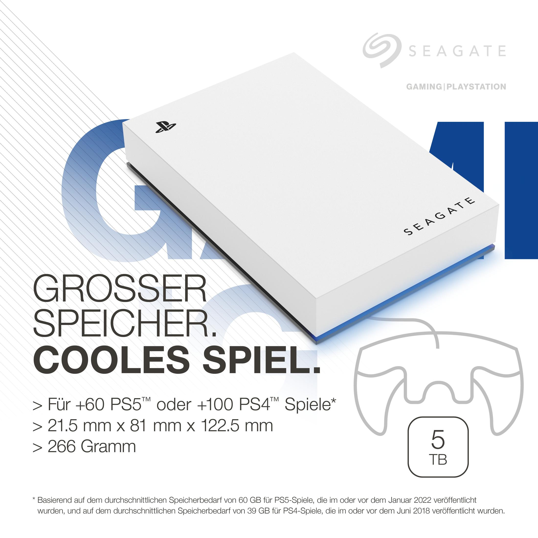 Dysk zewnętrzny Seagate, biały z niebieskimi akcentami. Tekst: "GROSSER SPEICHER. COOLER SPIEL."