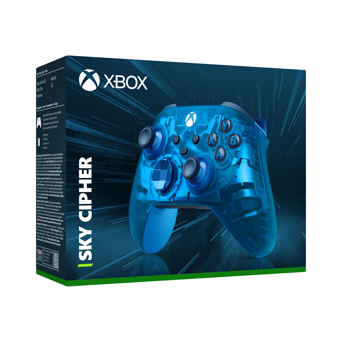 Controller Xbox Sky Cipher con pulsanti blu e design trasparente blu. Scatola sullo sfondo.