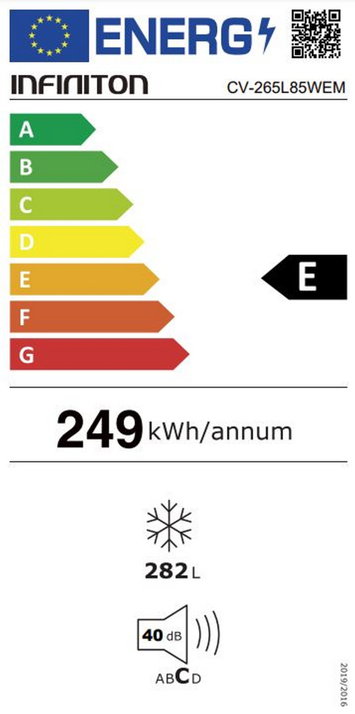 Etiqueta energética de frigorífico. Muestra eficiencia, consumo y nivel de ruido.