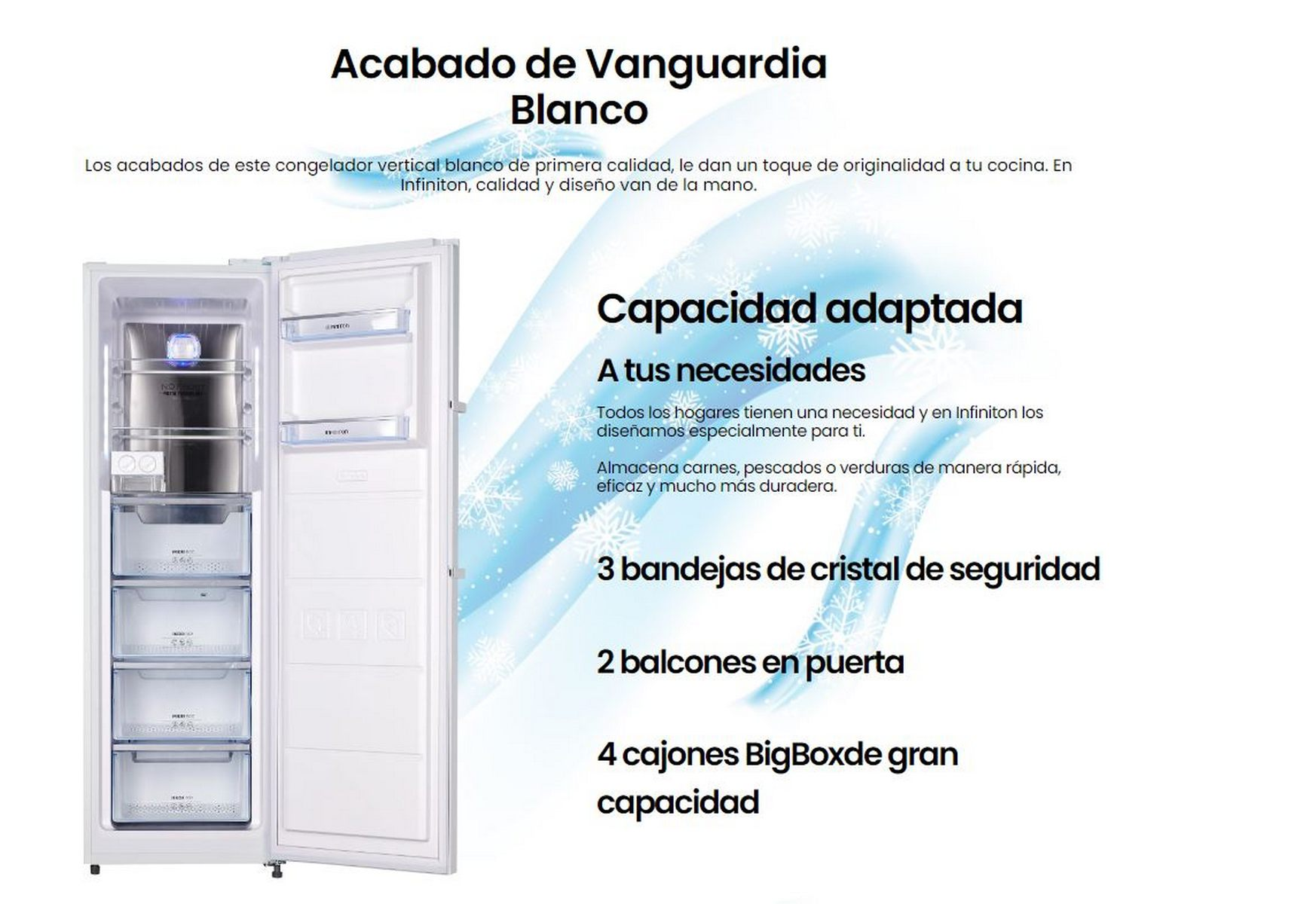 Congelador abierto blanco con estantes y cajas, texto en español.