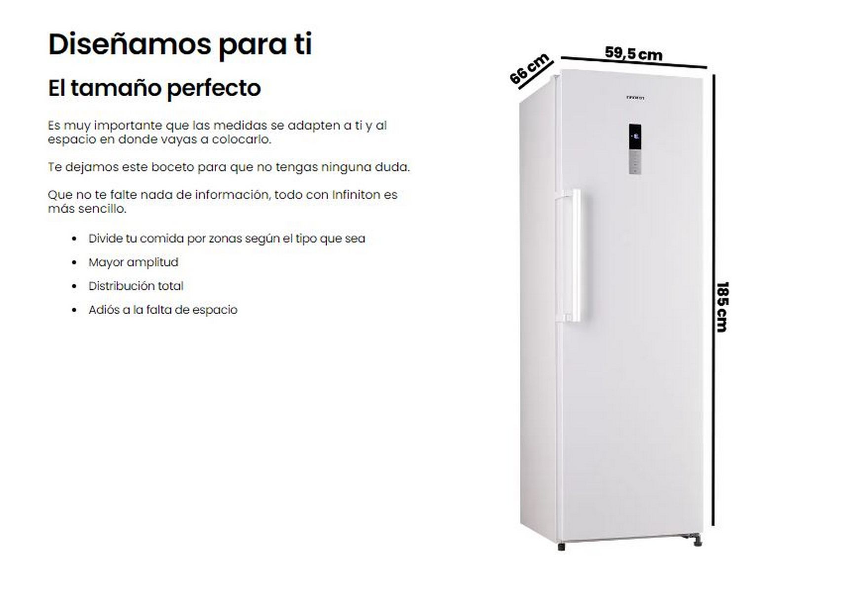 Refrigerador blanco con dimensiones y texto en español. Ambiente de cocina con fondo blanco.