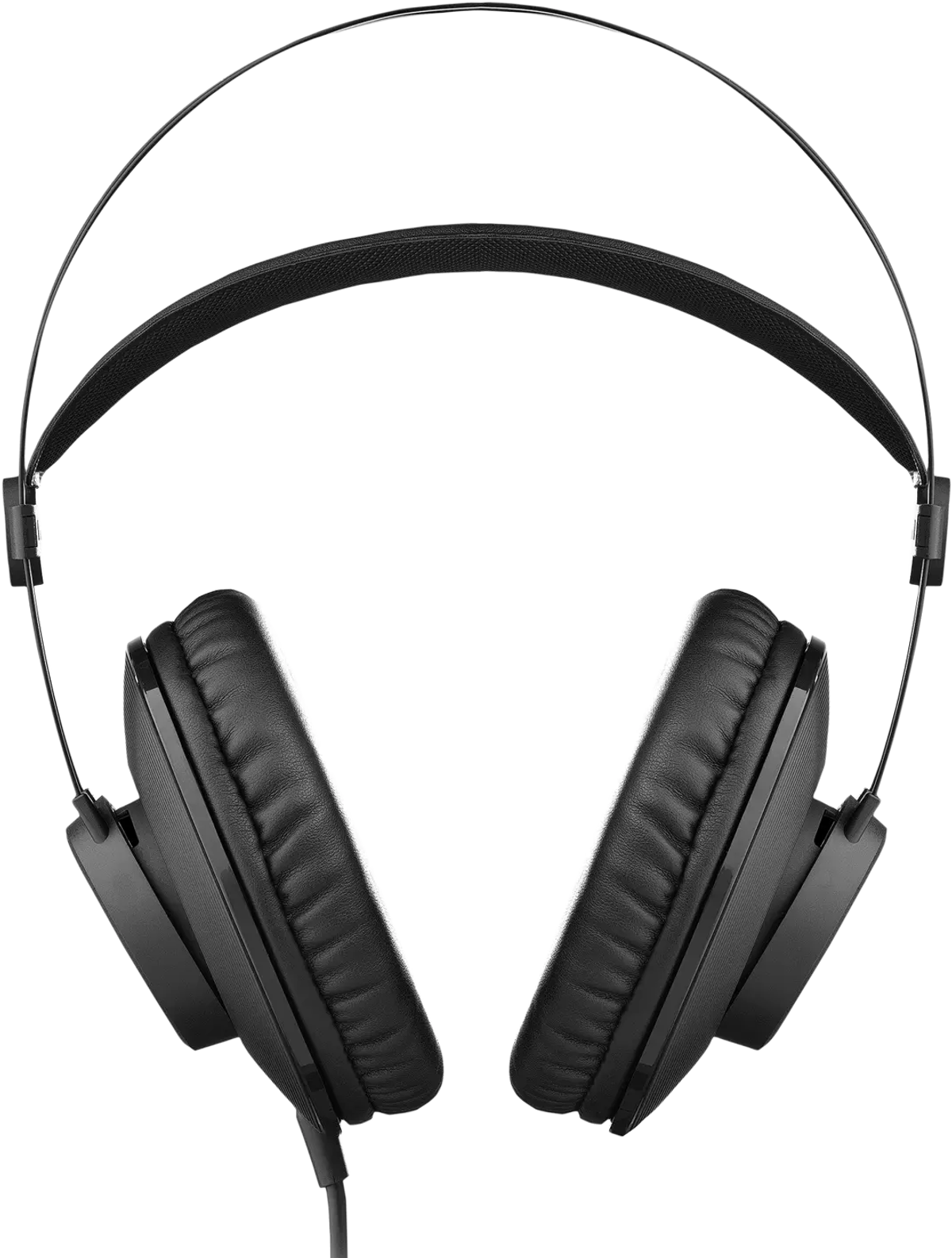 Czarne słuchawki z pałąkiem i nausznikami. Nauszniki są połączone z pałąkiem.