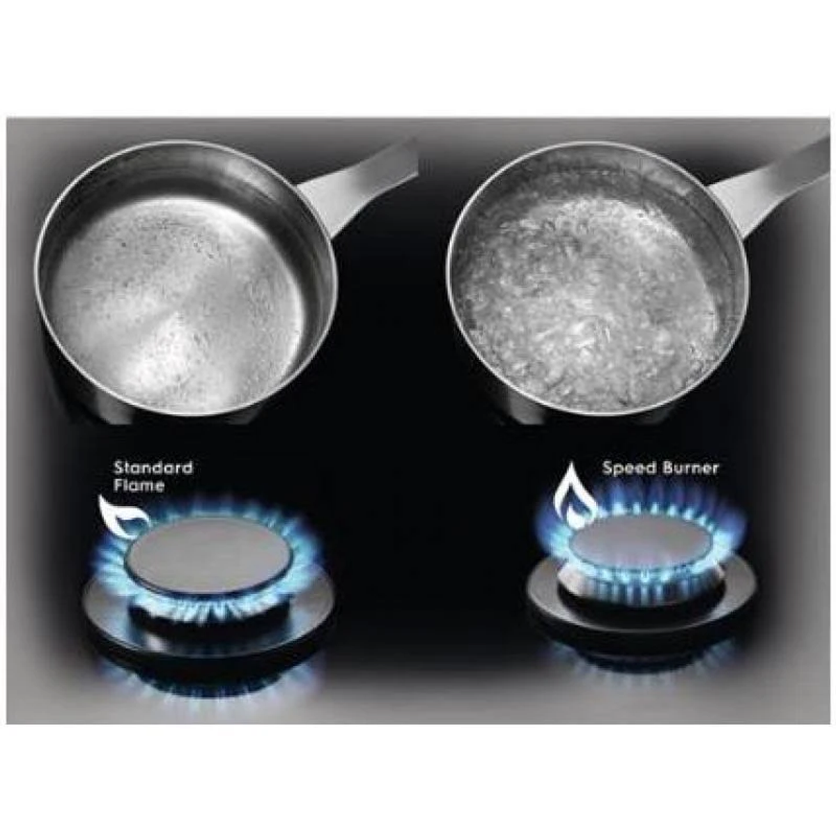 Dwie patelnie na kuchence, jedna pusta, druga wrząca. Kuchenka jest niebieska.