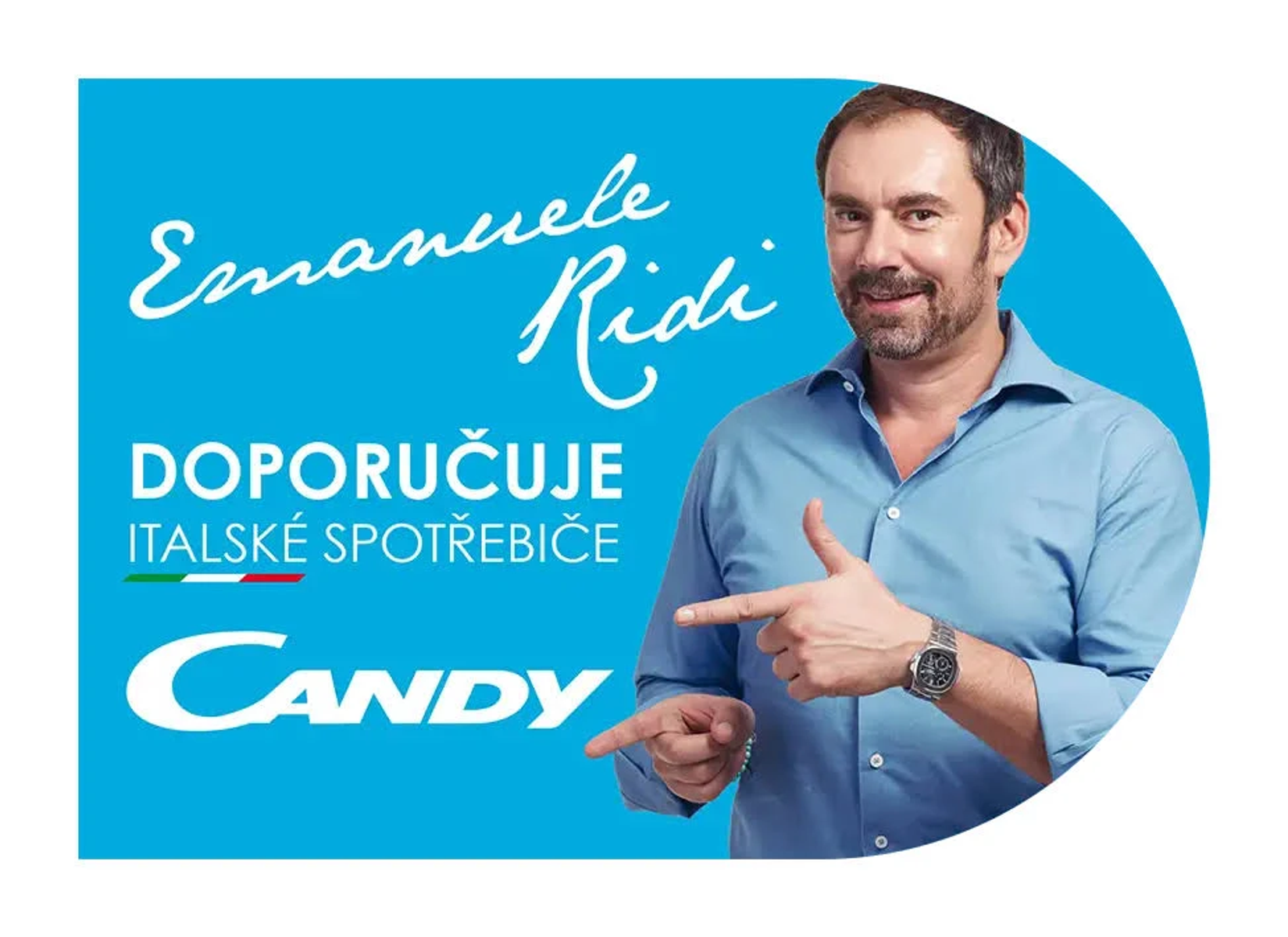 Uomo indica un logo Candy, sfondo blu con testo.
