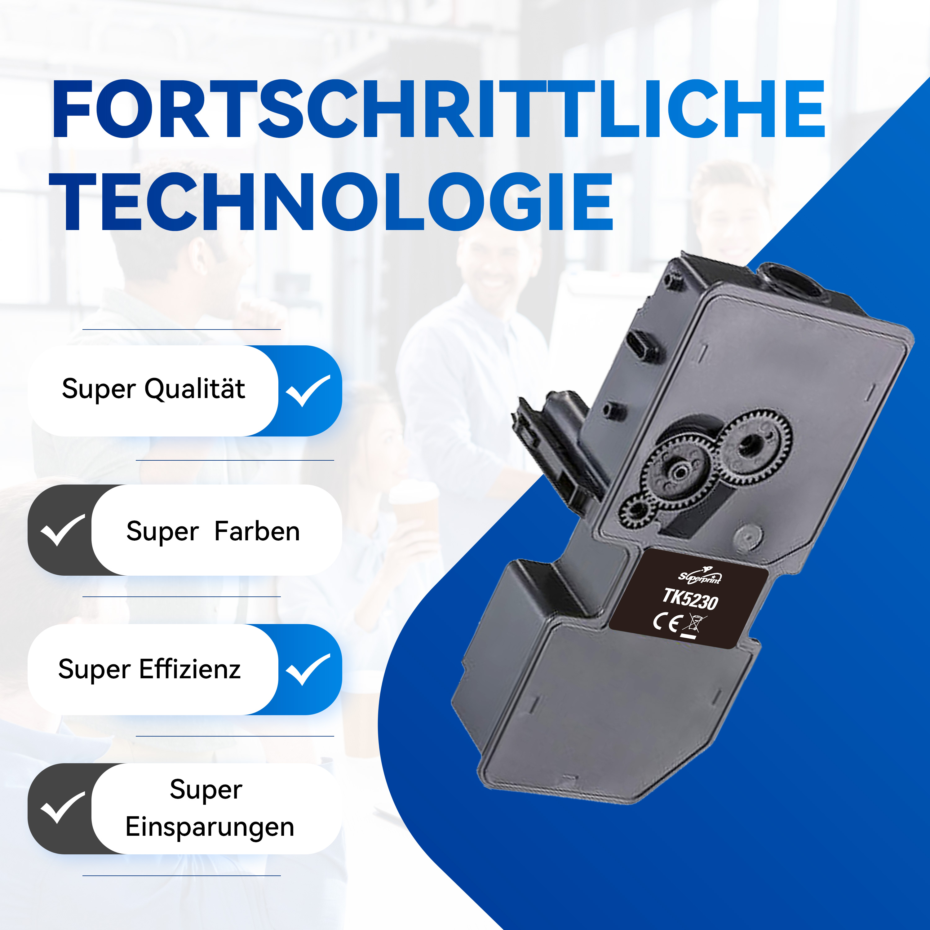 Een printercartridge met tekst en vinkjes. De achtergrond bevat mensen en blauwe kleur.