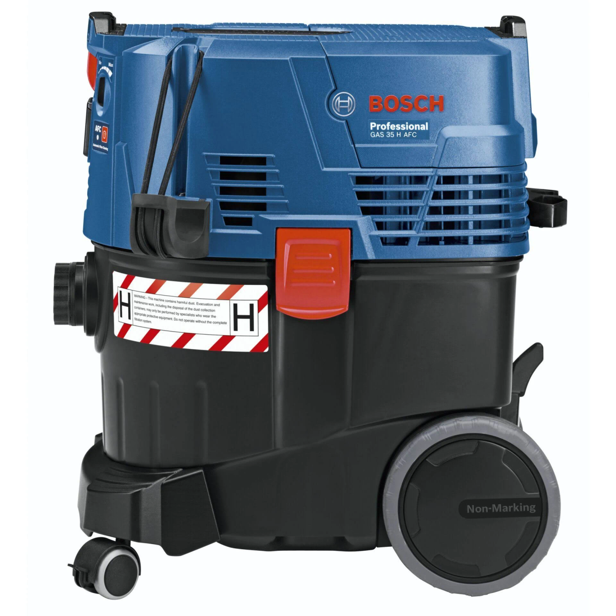 Aspirapolvere Bosch blu e nero. Ha ruote ed etichette di avvertimento rosse e nere.