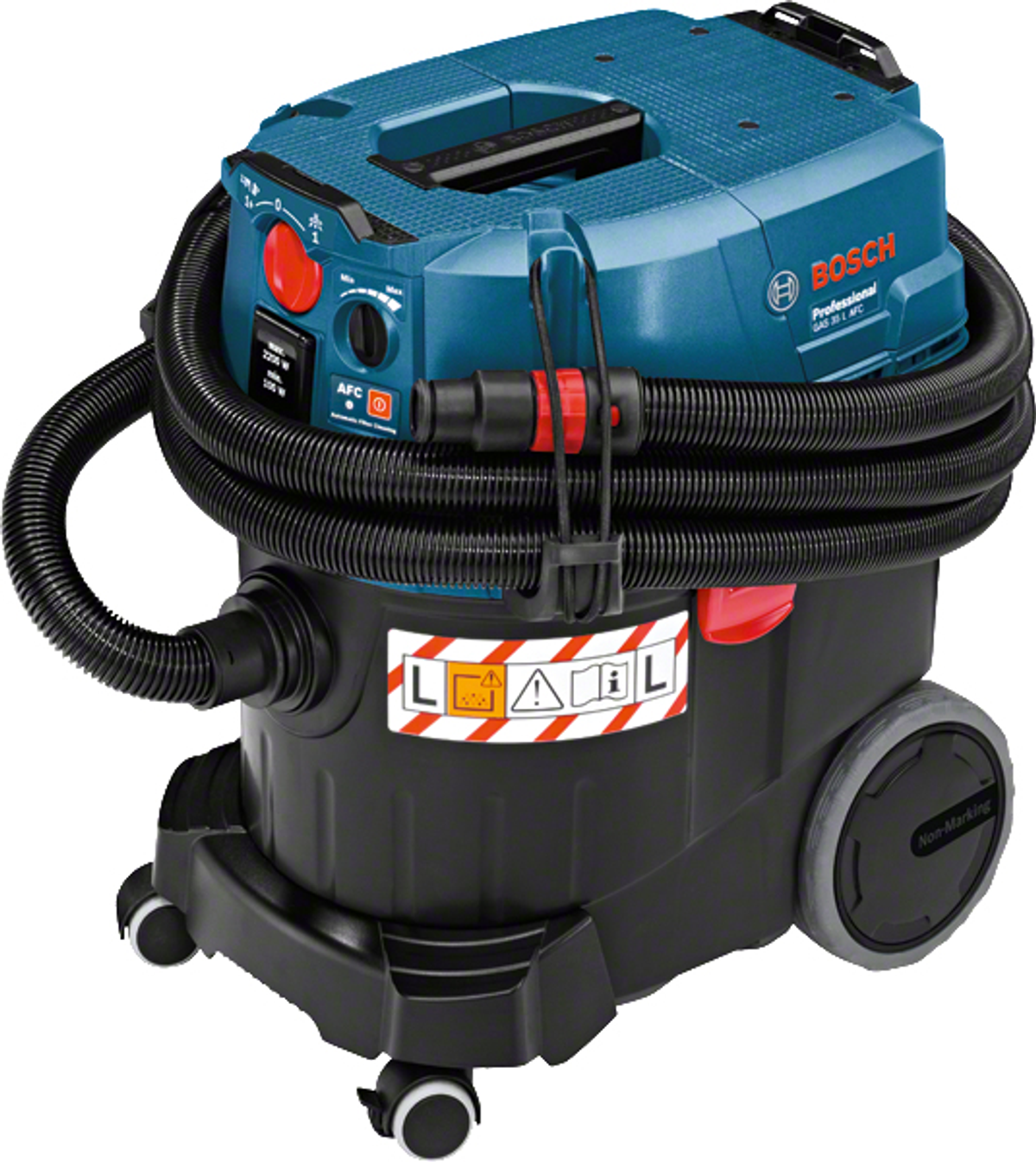 Aspirapolvere Bosch blu e nero. Un lungo tubo nero si avvolge attorno al corpo.