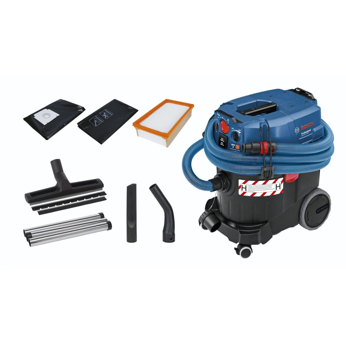 Un aspirapolvere blu e nero con più accessori. Sono inclusi vari componenti e accessori.
