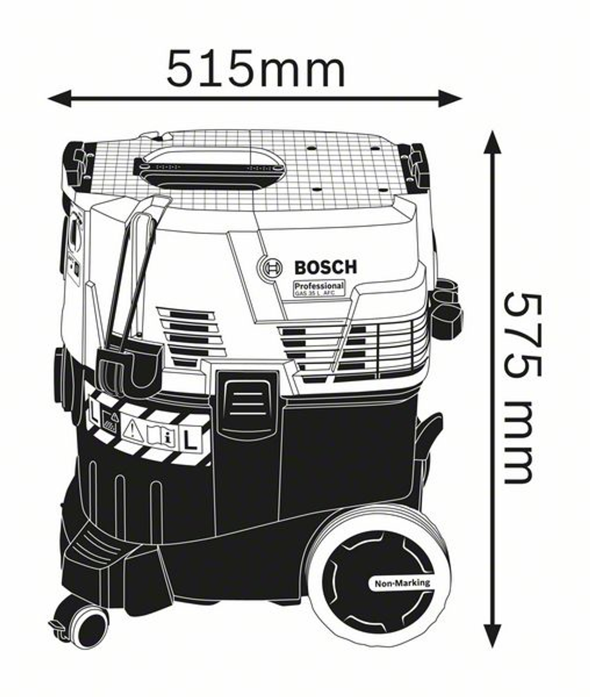 Aspirapolvere in bianco e nero con dimensioni in mm.