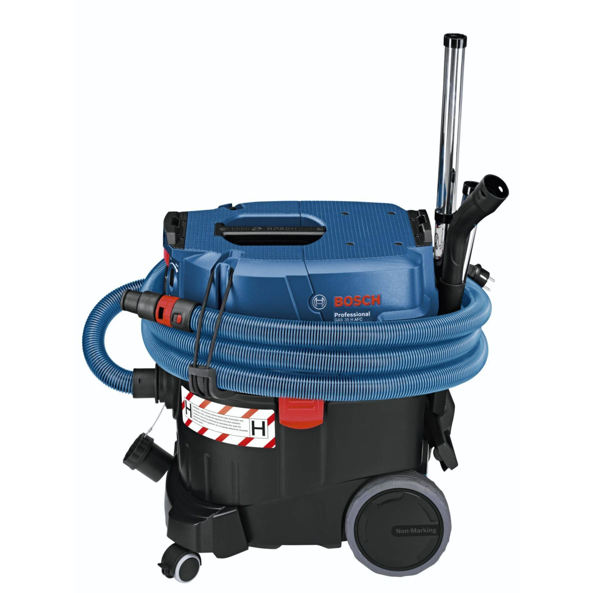 Aspirapolvere professionale Bosch blu e nero su ruote, con tubo avvolto intorno.